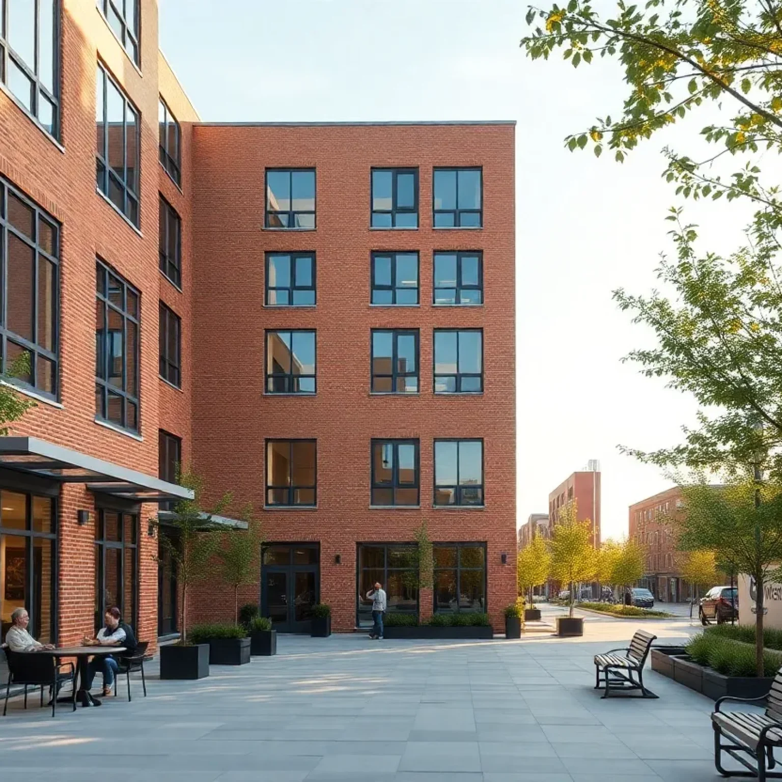 Exterior of a five‑story affordable senior apartment building with terrace and landscaped frontage in Skyland, Washington, D.C.
