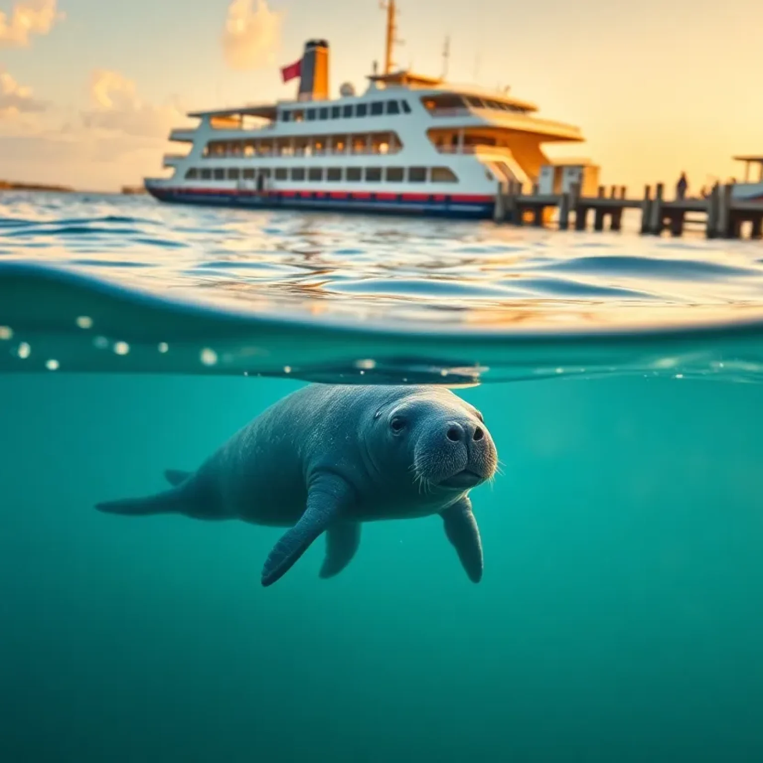 West Indian manatee near a ferry terminal in Texas