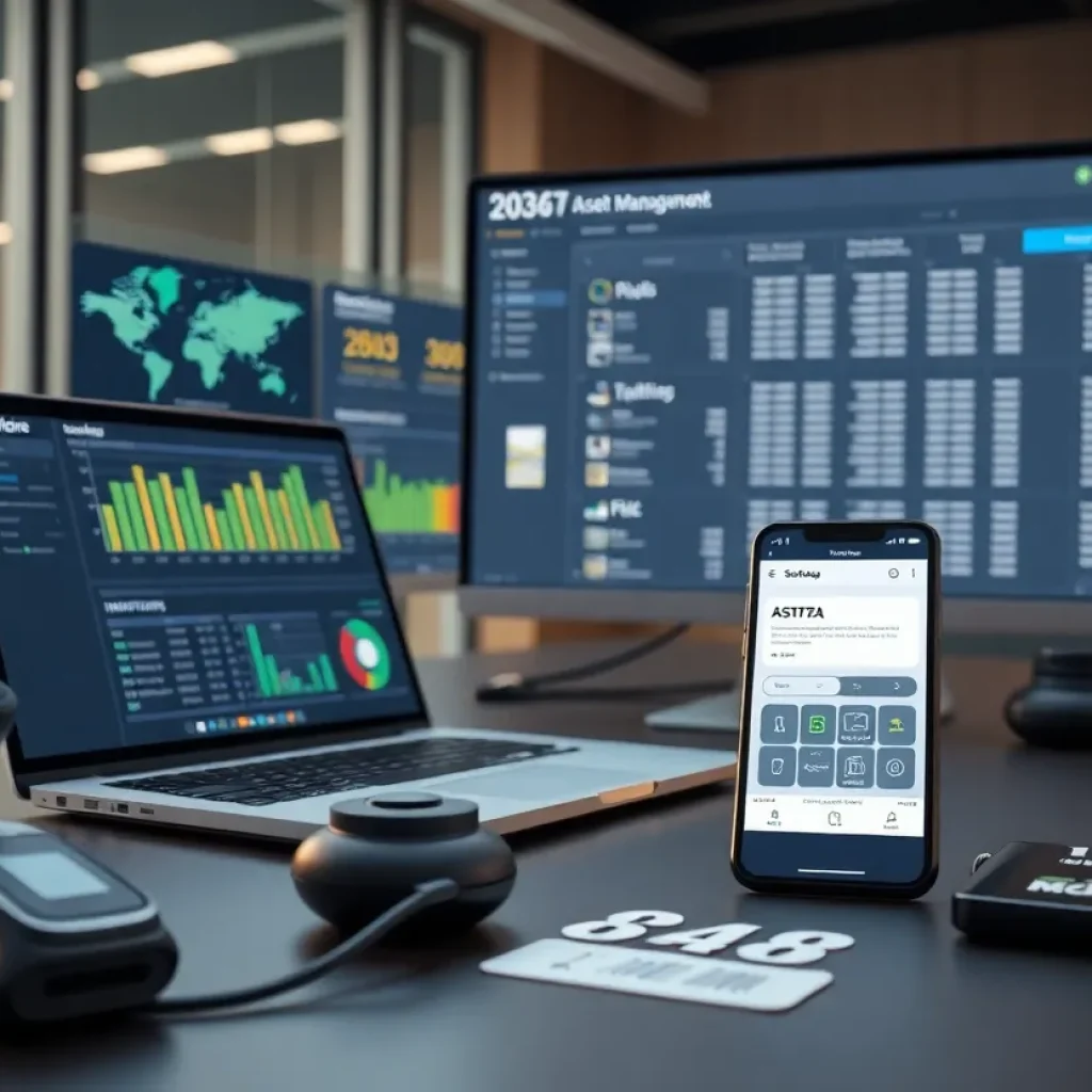 Laptop and monitor showing an asset management dashboard with charts, barcode scanner, smartphone and RFID tags on a desk.