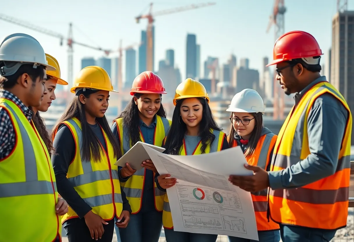 Diverse group of high school interns in hard hats and safety vests reviewing blueprints and tablets at a construction site