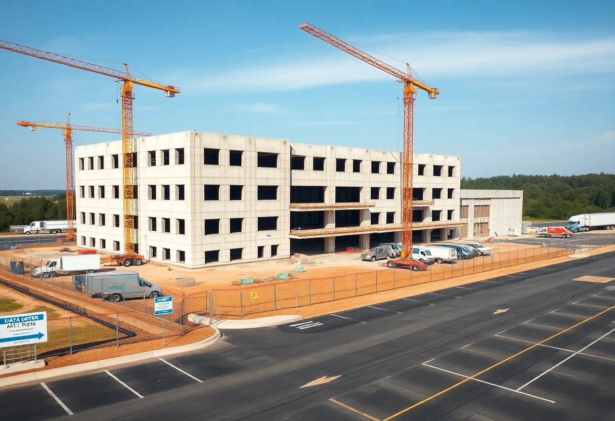 Three-story data center shell under construction with crane, construction vehicles, fencing and parking area in Fairfax County