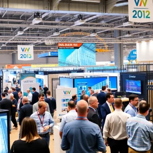 Professionals at a construction conference engaging in discussions and viewing exhibits.
