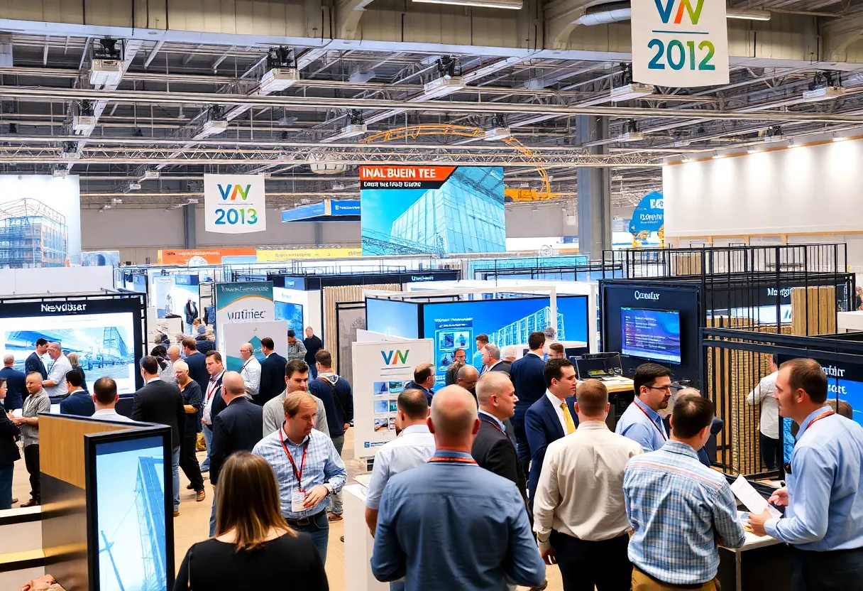 Professionals at a construction conference engaging in discussions and viewing exhibits.