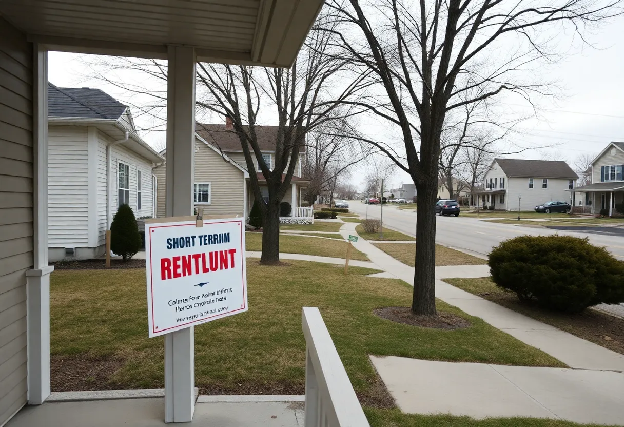 Suburban homes with a short-term rental sign and an inspection checklist on a porch in DuPage County