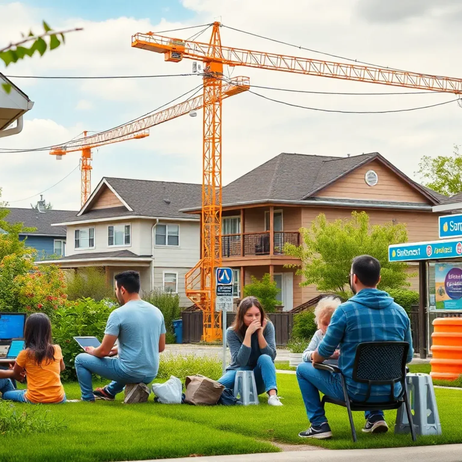 Community members enjoying high-speed internet access in Texas neighborhoods with construction work in the background.