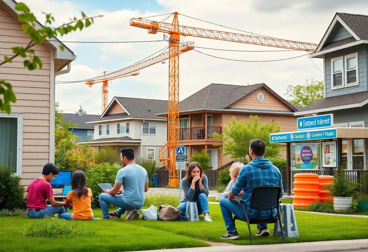 Community members enjoying high-speed internet access in Texas neighborhoods with construction work in the background.