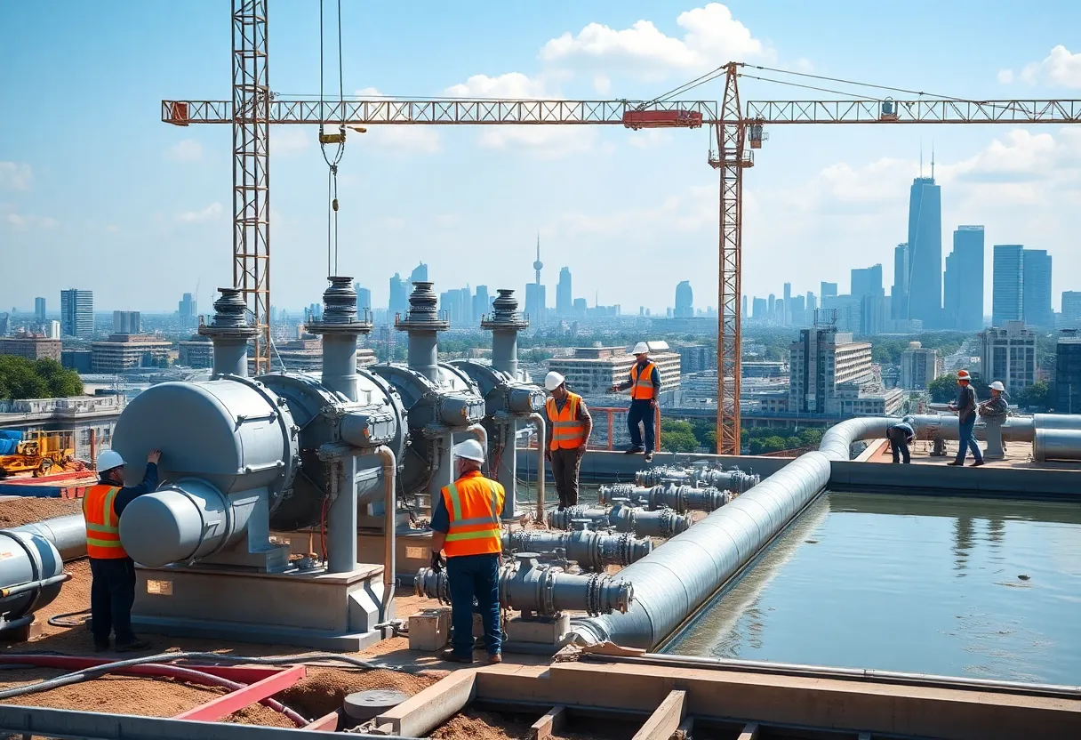 Construction site for Ferrovial water project with workers and machinery