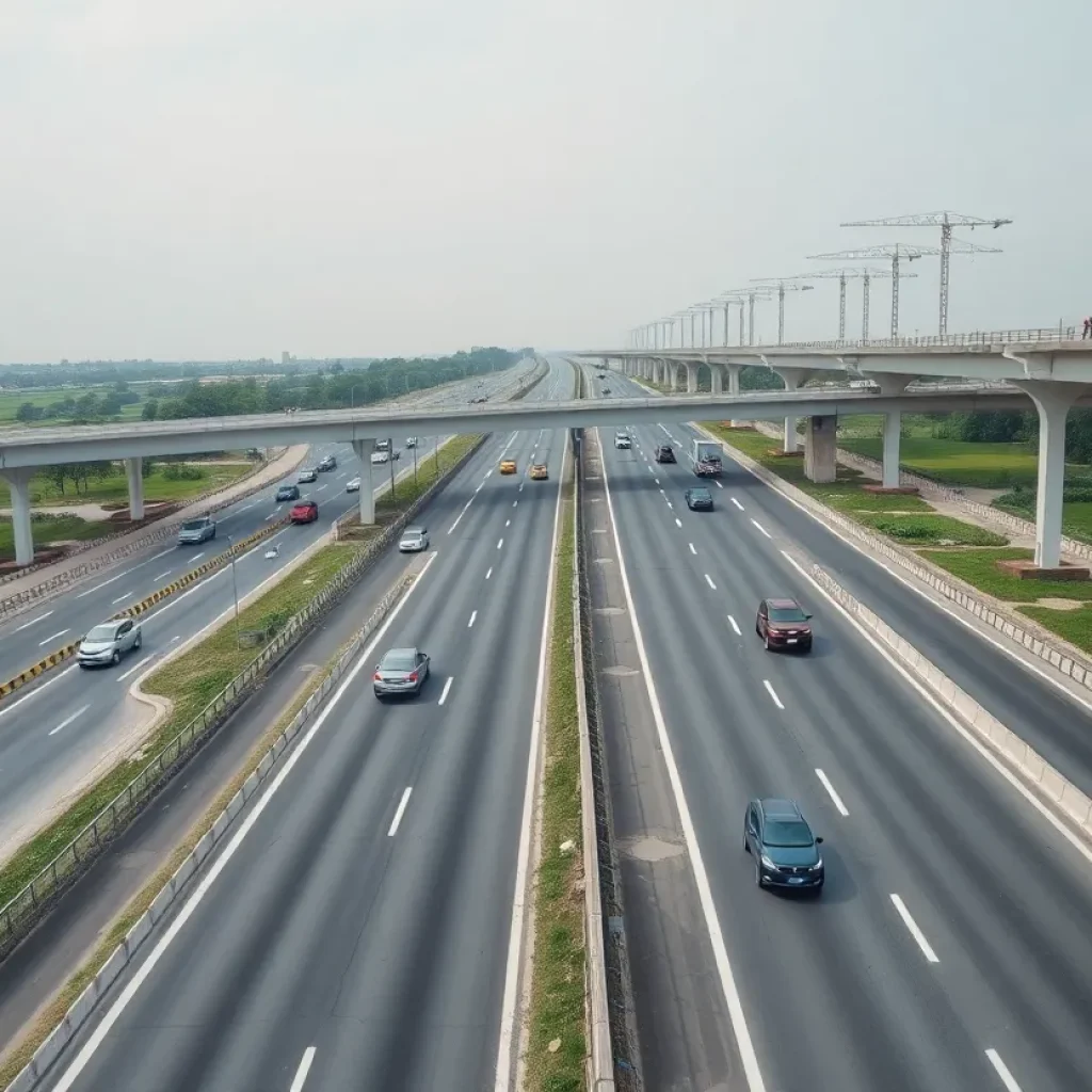 Construction of the I-10 Brookshire Project showcasing newly built lanes and overpasses