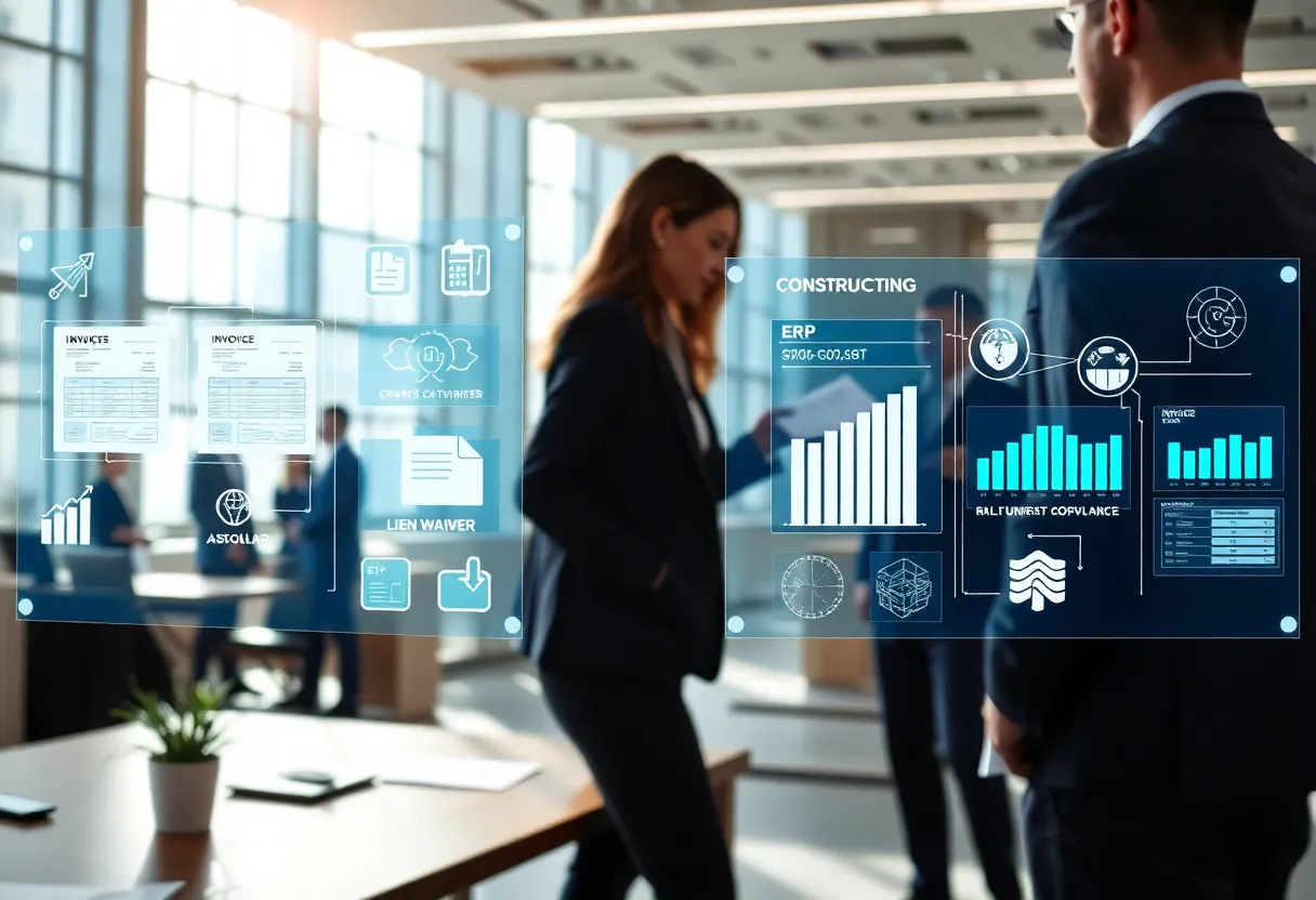 Office scene with transparent screens showing construction billing workflows and teams collaborating
