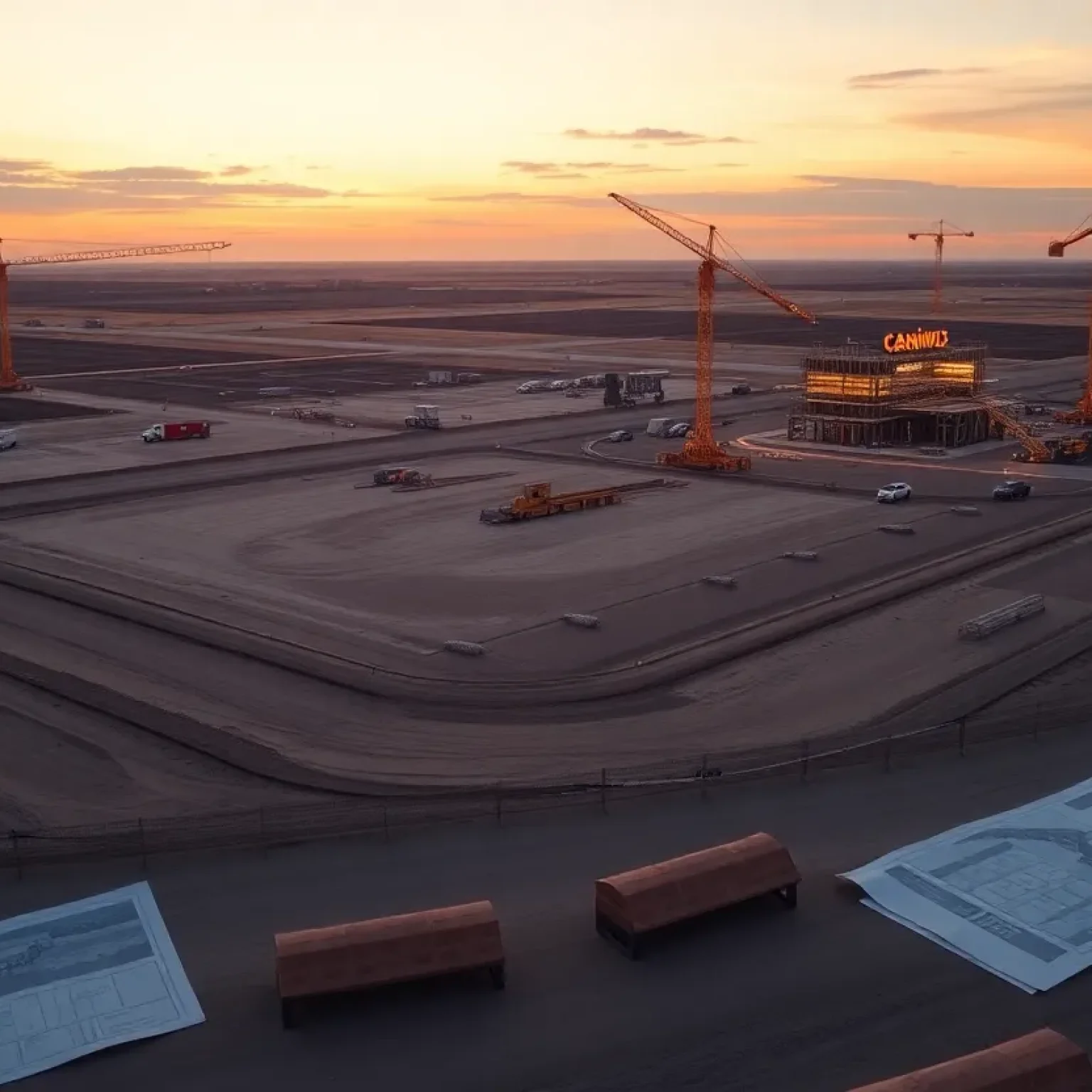 Rendering of a casino and racetrack construction site near South Sioux City with cranes and construction equipment